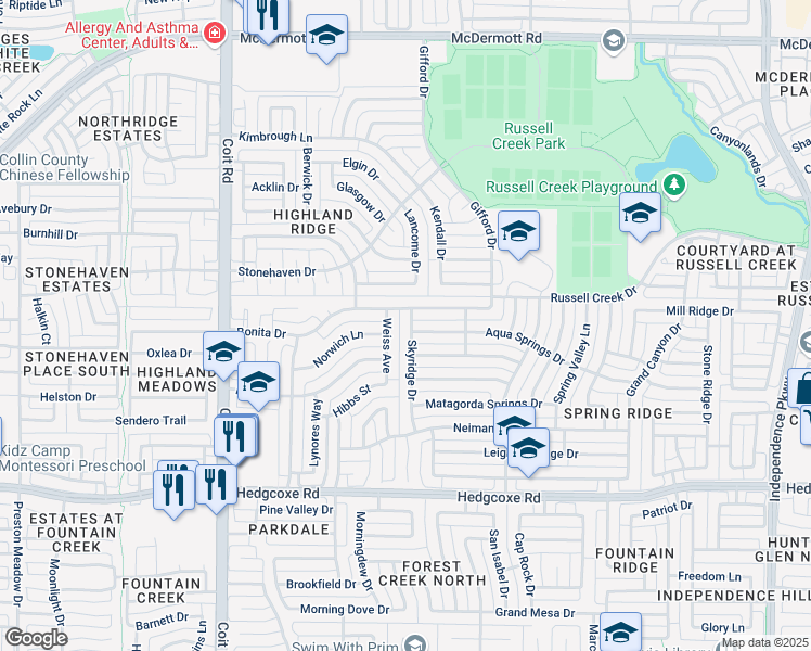 map of restaurants, bars, coffee shops, grocery stores, and more near 8308 Weiss Avenue in Plano