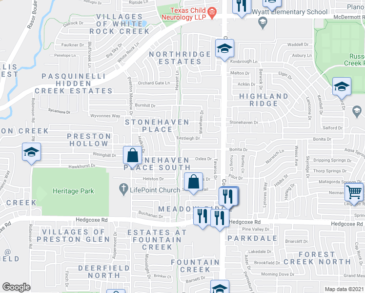 map of restaurants, bars, coffee shops, grocery stores, and more near 4125 Bonita Drive in Plano