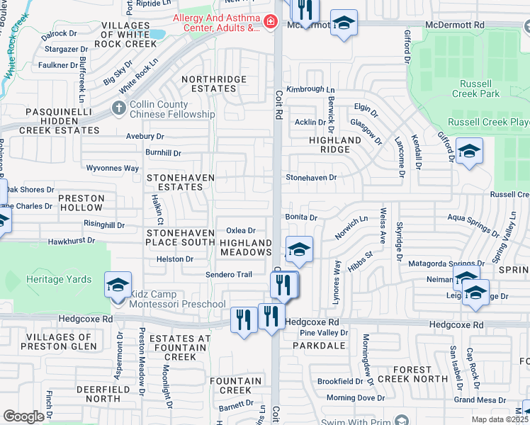 map of restaurants, bars, coffee shops, grocery stores, and more near 4009 Bonita Drive in Plano