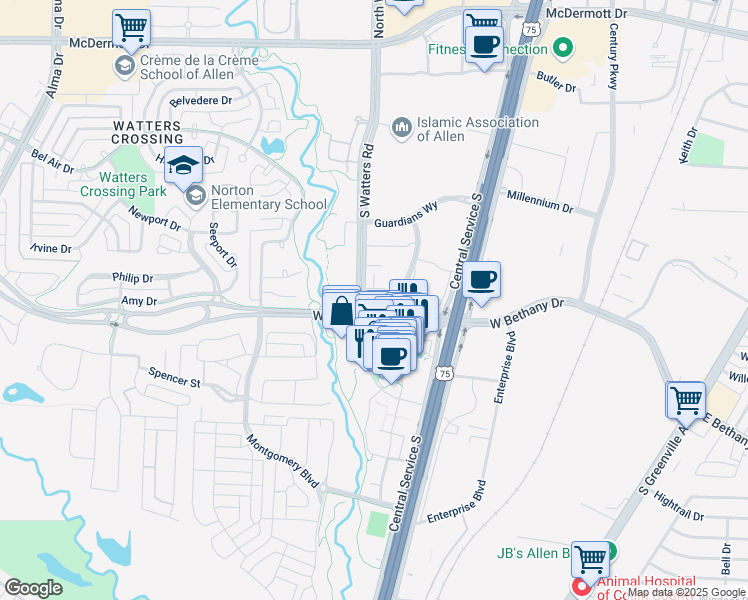 map of restaurants, bars, coffee shops, grocery stores, and more near 792 S Watters Rd in Allen