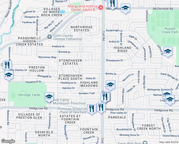 map of restaurants, bars, coffee shops, grocery stores, and more near 4101 Bonita Drive in Plano