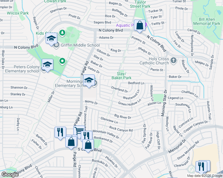 map of restaurants, bars, coffee shops, grocery stores, and more near 5537 Overland Dr in The Colony