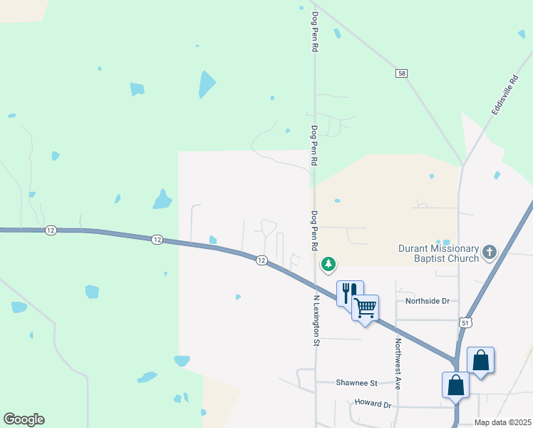 map of restaurants, bars, coffee shops, grocery stores, and more near 2-298 Hartwood St in Durant