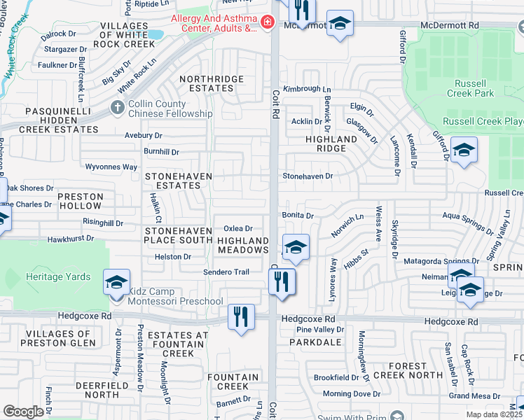 map of restaurants, bars, coffee shops, grocery stores, and more near 4009 Bonita Drive in Plano