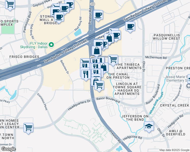map of restaurants, bars, coffee shops, grocery stores, and more near 8300 Preston Road in Plano