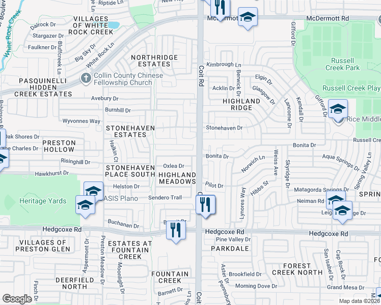 map of restaurants, bars, coffee shops, grocery stores, and more near 4009 Bonita Drive in Plano