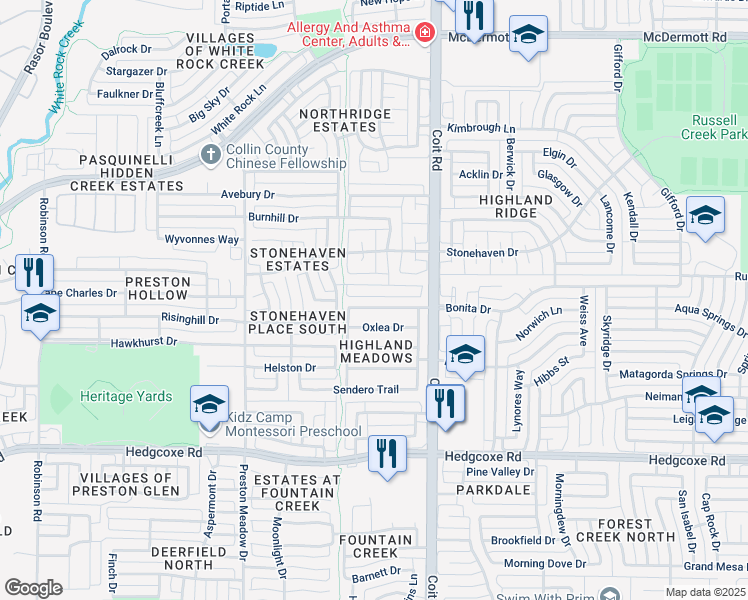 map of restaurants, bars, coffee shops, grocery stores, and more near 4105 Bonita Drive in Plano