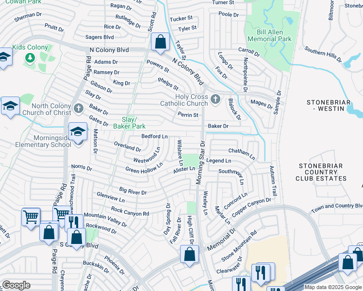 map of restaurants, bars, coffee shops, grocery stores, and more near 5752 Crestwood Lane in The Colony
