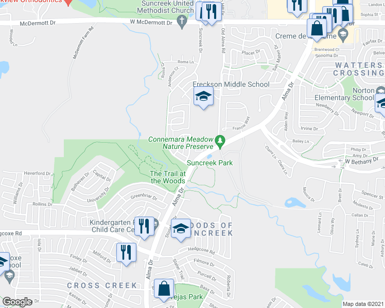 map of restaurants, bars, coffee shops, grocery stores, and more near 521 Colgate Drive in Allen