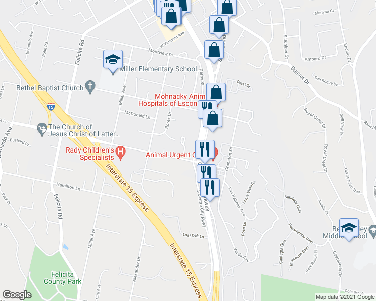 map of restaurants, bars, coffee shops, grocery stores, and more near 2431 South Centre City Parkway in Escondido