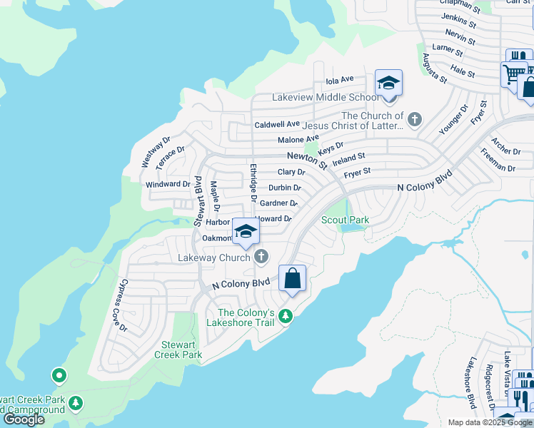 map of restaurants, bars, coffee shops, grocery stores, and more near 4112 Howard Drive in The Colony