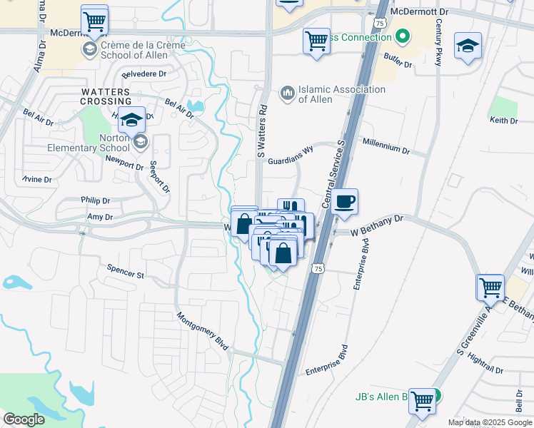 map of restaurants, bars, coffee shops, grocery stores, and more near 792 S Watters Rd in Allen