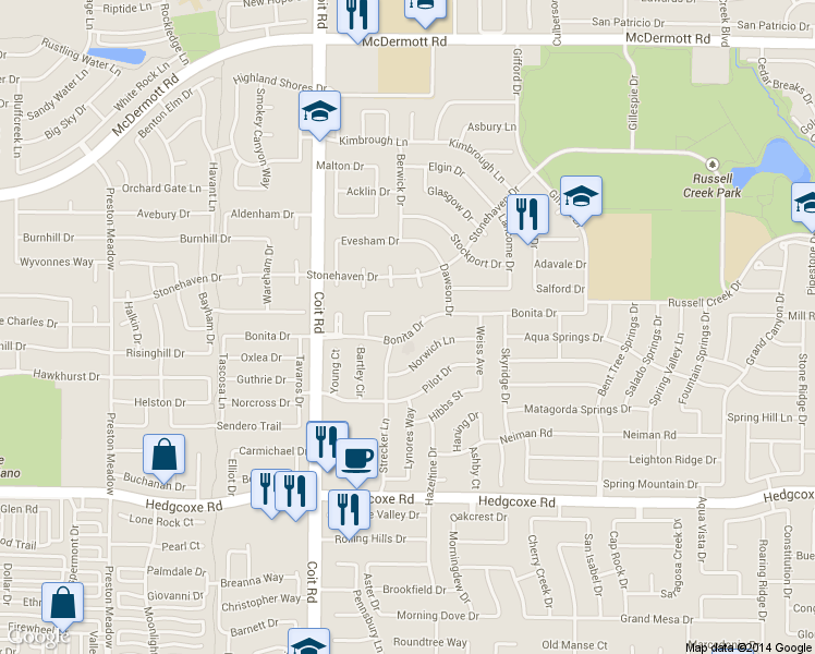map of restaurants, bars, coffee shops, grocery stores, and more near 3821 Bonita Drive in Plano