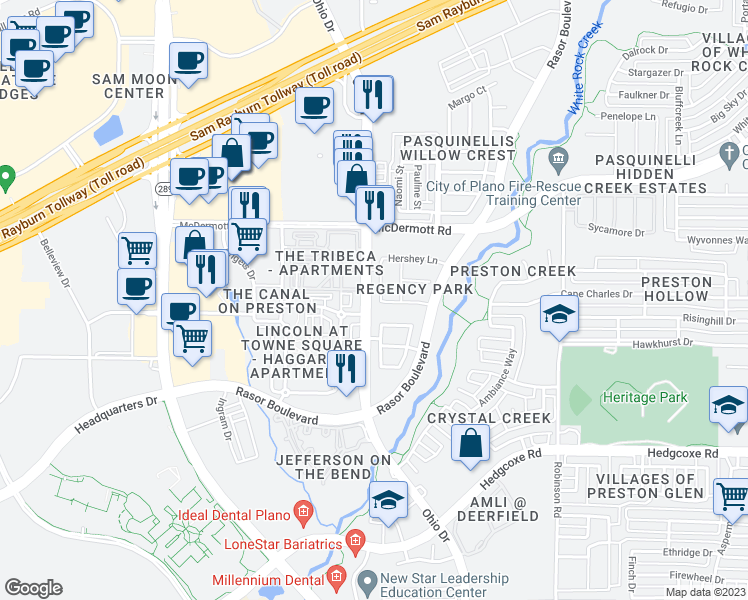 map of restaurants, bars, coffee shops, grocery stores, and more near 8301 Foothill Drive in Plano