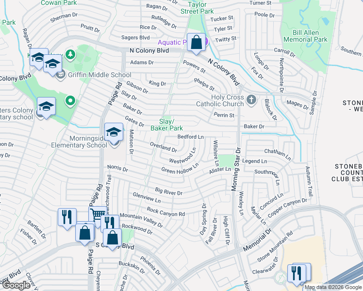map of restaurants, bars, coffee shops, grocery stores, and more near 5649 Overland Drive in The Colony