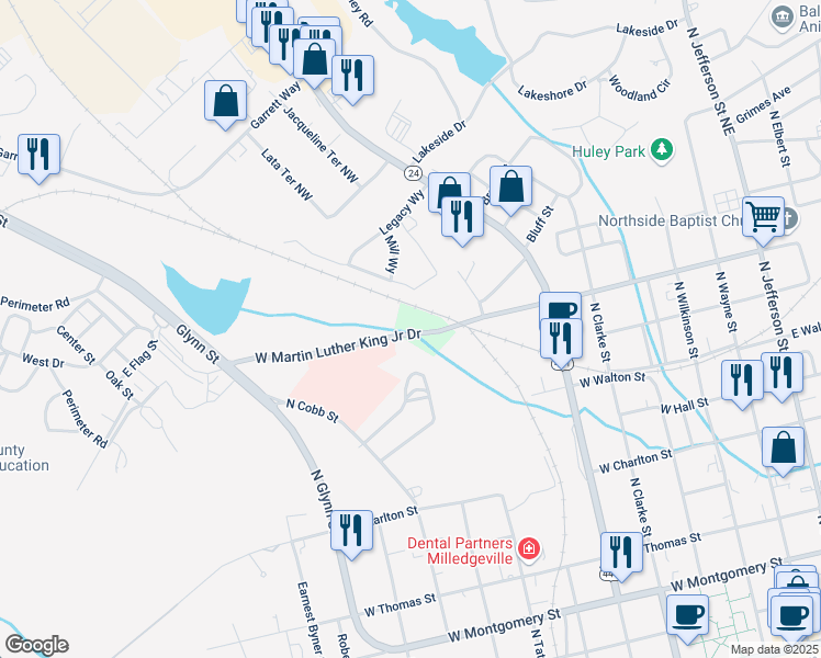 map of restaurants, bars, coffee shops, grocery stores, and more near 101 West Martin Luther King Junior Drive in Milledgeville