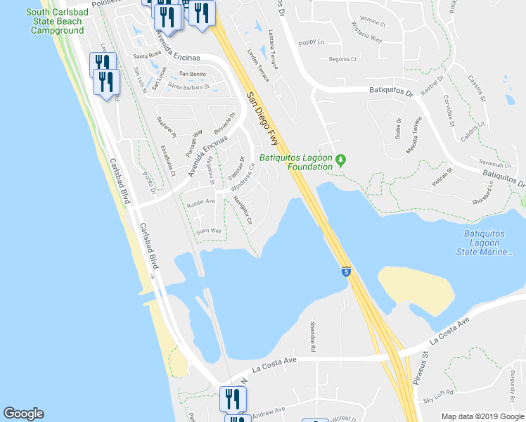 map of restaurants, bars, coffee shops, grocery stores, and more near 7537 Navigator Circle in Carlsbad