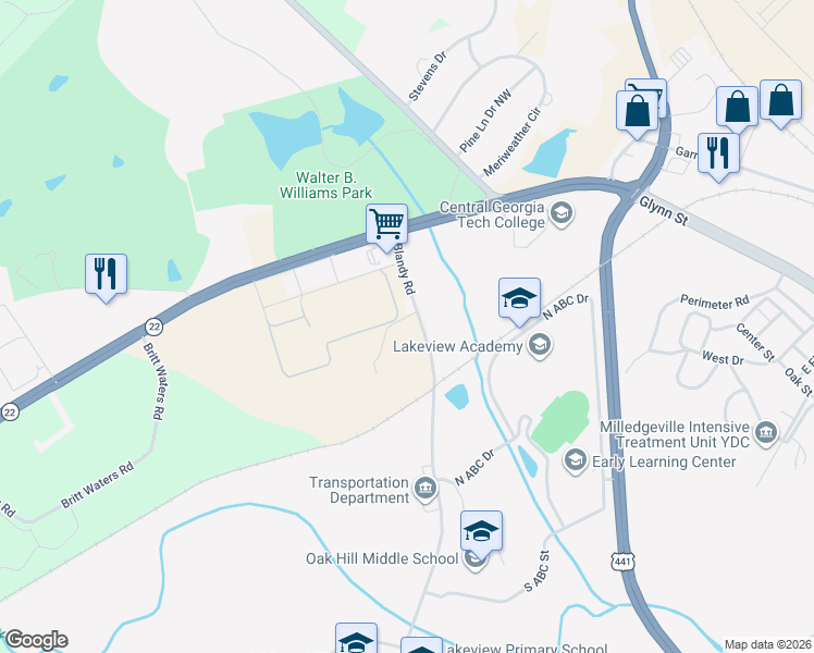 map of restaurants, bars, coffee shops, grocery stores, and more near 123 Blandy Way in Milledgeville
