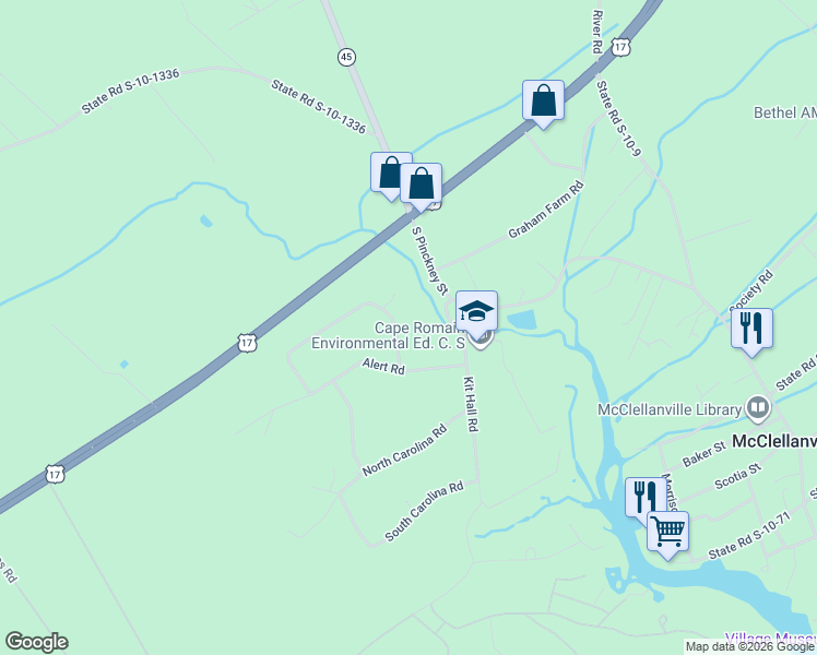 map of restaurants, bars, coffee shops, grocery stores, and more near 10088 Hercules Road in McClellanville