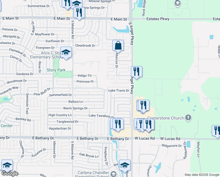 map of restaurants, bars, coffee shops, grocery stores, and more near 705 Sweet Peach Drive in Allen