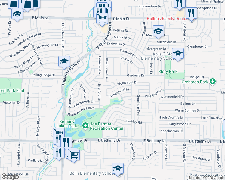 map of restaurants, bars, coffee shops, grocery stores, and more near 1309 Lombardy Way in Allen