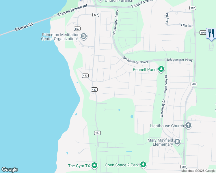map of restaurants, bars, coffee shops, grocery stores, and more near 5871 County Road 437 in Princeton