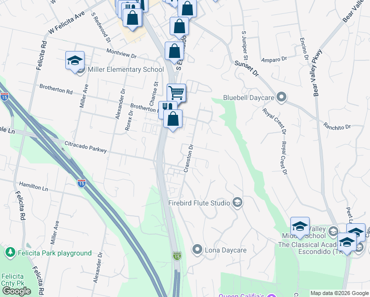map of restaurants, bars, coffee shops, grocery stores, and more near 2415 Cranston Drive in Escondido