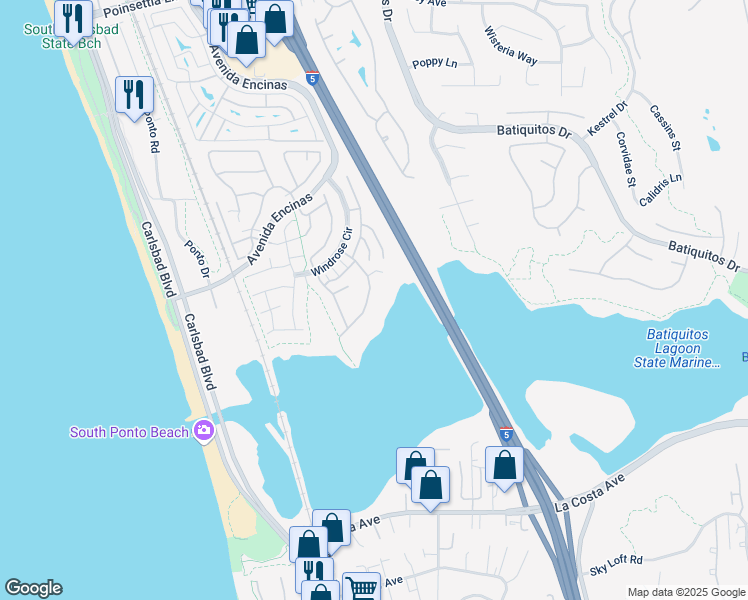 map of restaurants, bars, coffee shops, grocery stores, and more near 7537 Navigator Circle in Carlsbad