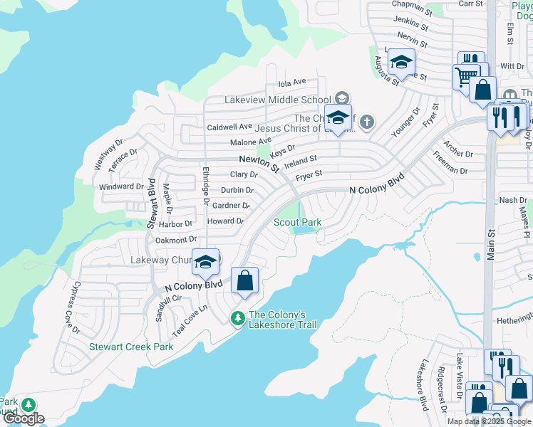 map of restaurants, bars, coffee shops, grocery stores, and more near 4152 North Colony Boulevard in The Colony