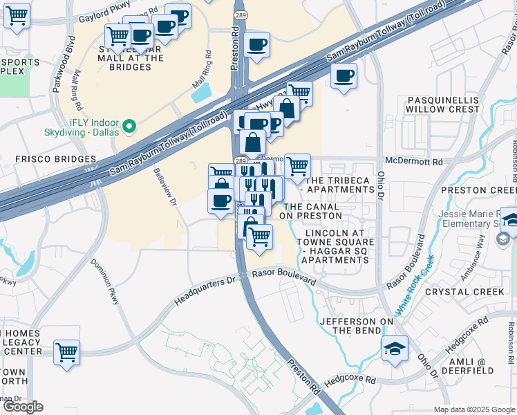 map of restaurants, bars, coffee shops, grocery stores, and more near 8300 Preston Road in Plano