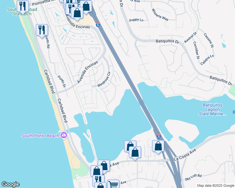 map of restaurants, bars, coffee shops, grocery stores, and more near 7537 Navigator Circle in Carlsbad