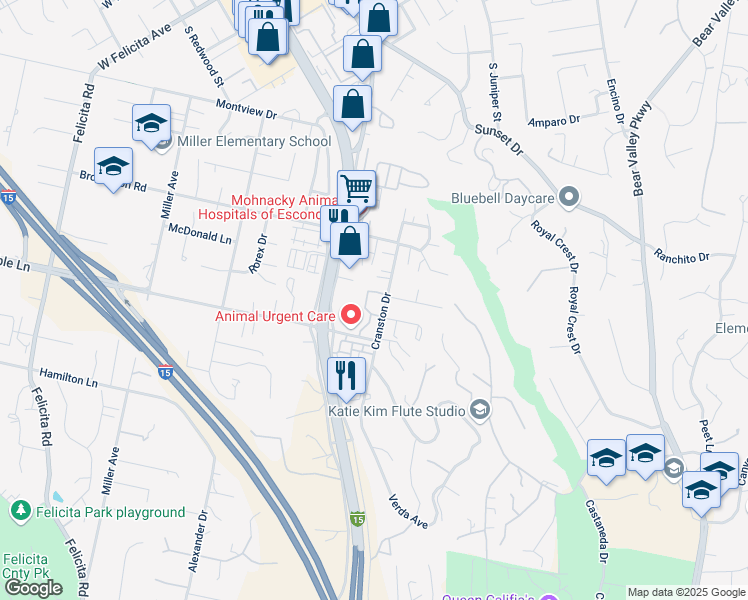 map of restaurants, bars, coffee shops, grocery stores, and more near 2415 Cranston Drive in Escondido