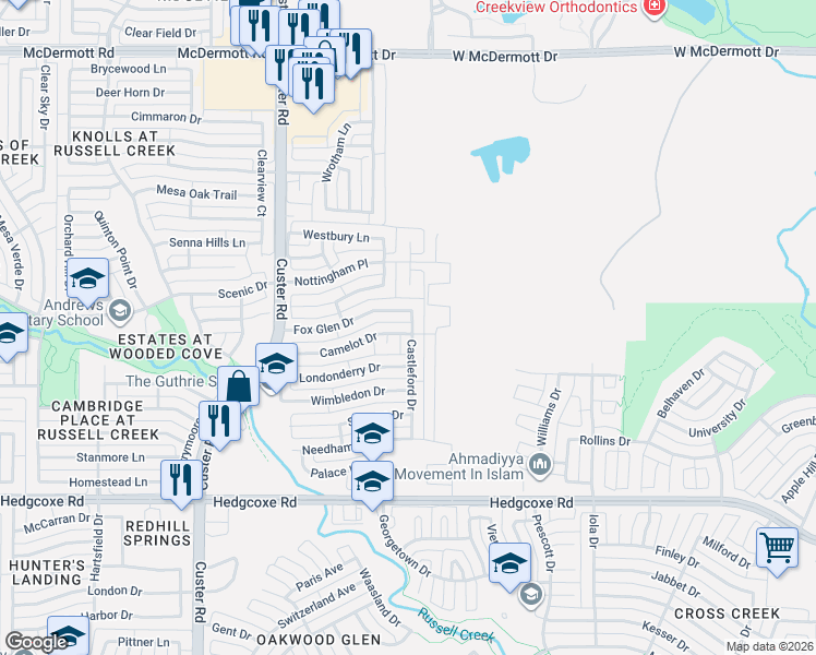 map of restaurants, bars, coffee shops, grocery stores, and more near 515 Duke Court in Allen