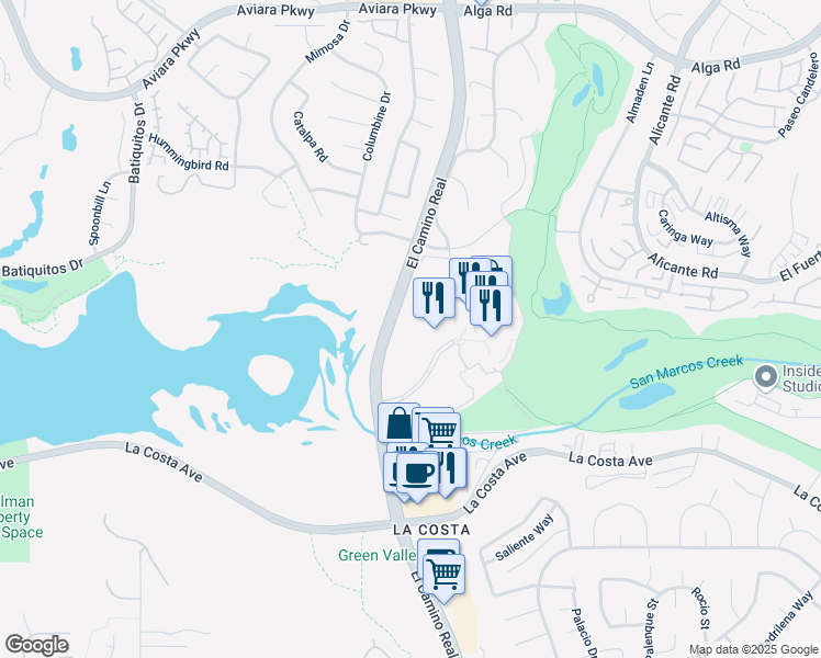 map of restaurants, bars, coffee shops, grocery stores, and more near 7323 Estrella De Mar Road in Carlsbad