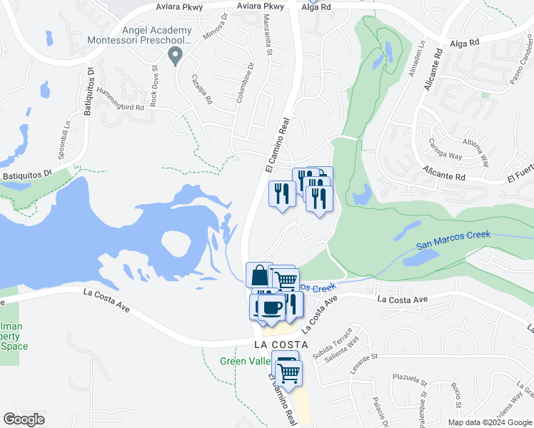 map of restaurants, bars, coffee shops, grocery stores, and more near 7323 Estrella De Mar Road in Carlsbad
