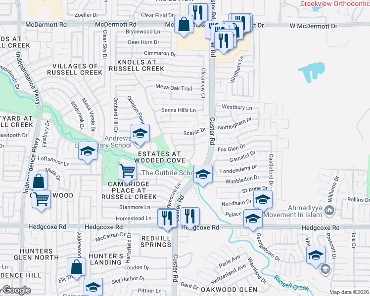 map of restaurants, bars, coffee shops, grocery stores, and more near 8313 Barber Oak Drive in Plano