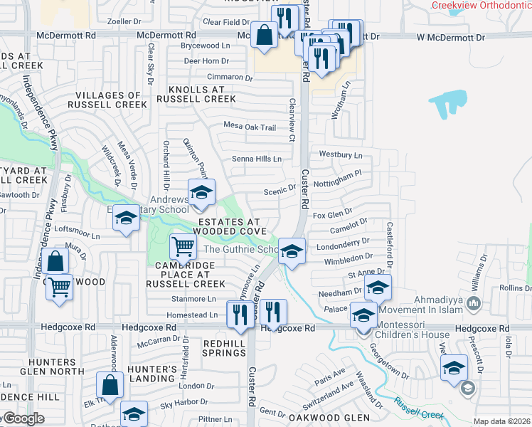 map of restaurants, bars, coffee shops, grocery stores, and more near 8313 Barber Oak Drive in Plano