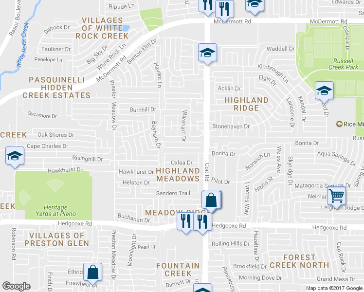 map of restaurants, bars, coffee shops, grocery stores, and more near 4101 Bonita Drive in Plano