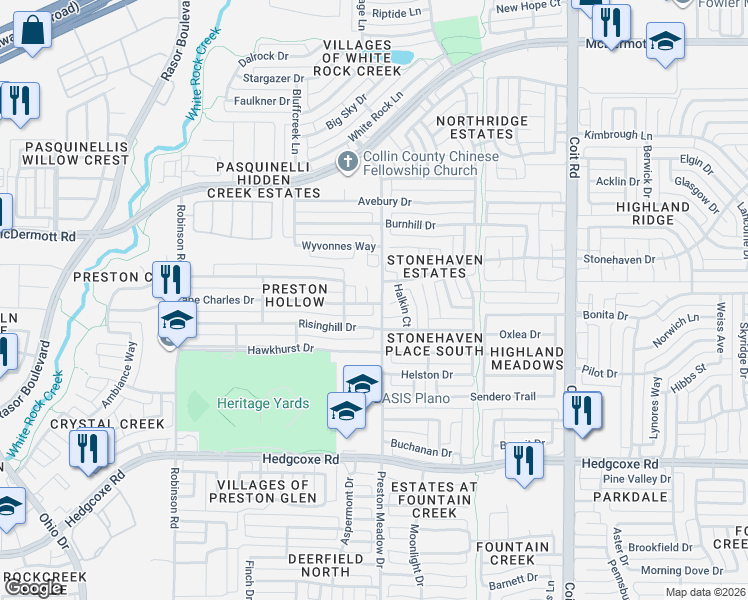 map of restaurants, bars, coffee shops, grocery stores, and more near 4500 Cape Charles Drive in Plano