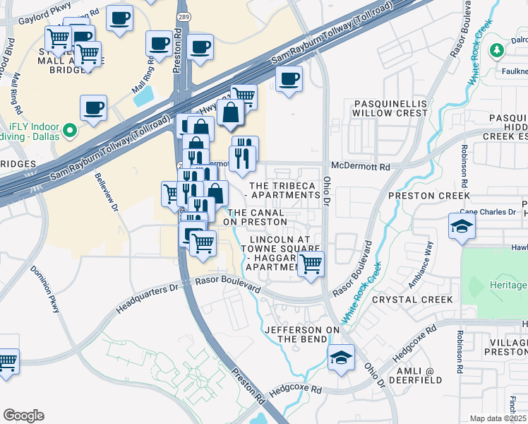map of restaurants, bars, coffee shops, grocery stores, and more near 8312 Angels Drive in Plano