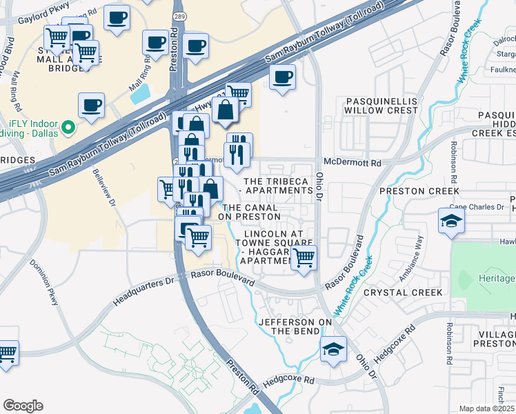 map of restaurants, bars, coffee shops, grocery stores, and more near 8312 Angels Drive in Plano