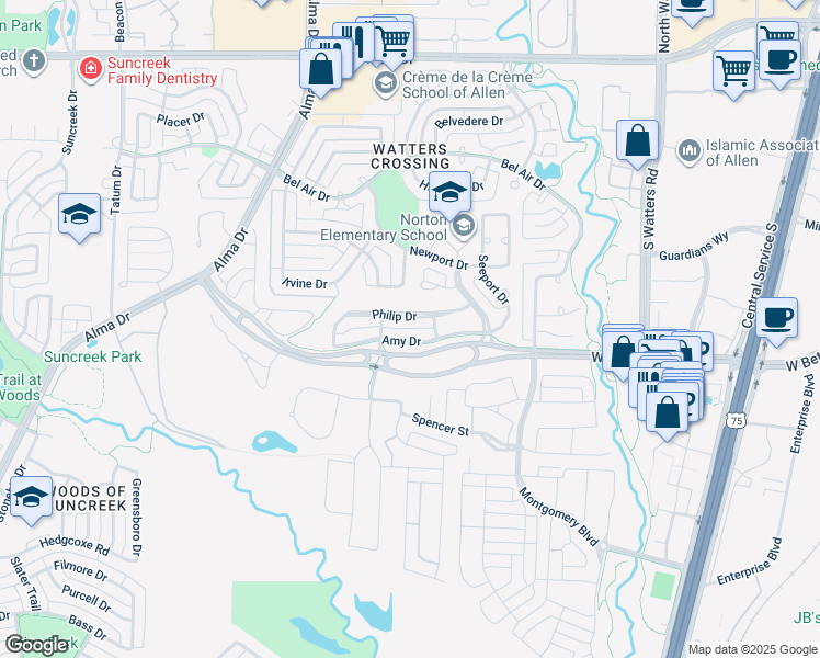 map of restaurants, bars, coffee shops, grocery stores, and more near Philip Drive in Allen