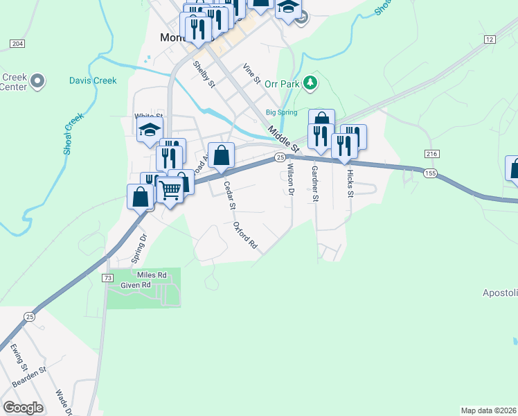 map of restaurants, bars, coffee shops, grocery stores, and more near 160 Buckingham Circle in Montevallo