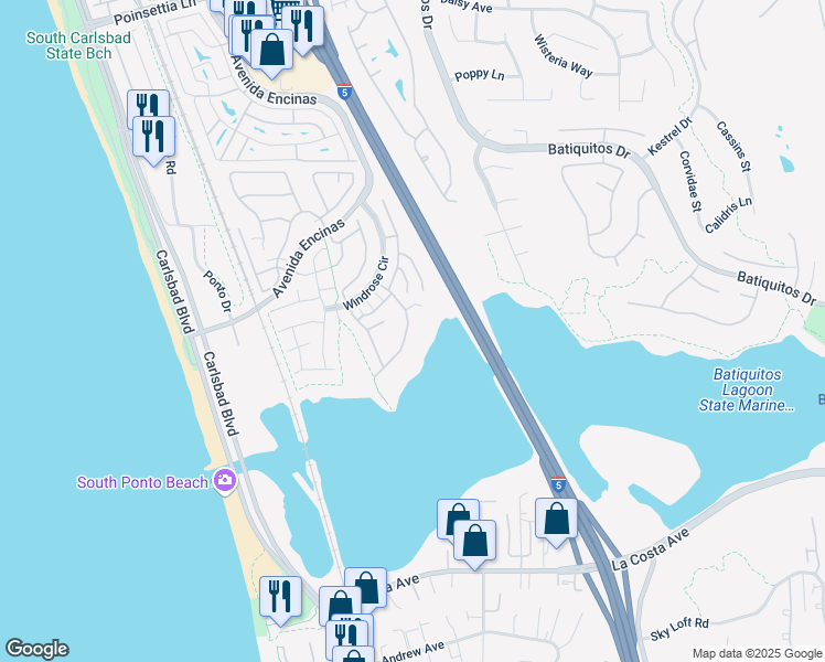 map of restaurants, bars, coffee shops, grocery stores, and more near 7534 Navigator Circle in Carlsbad