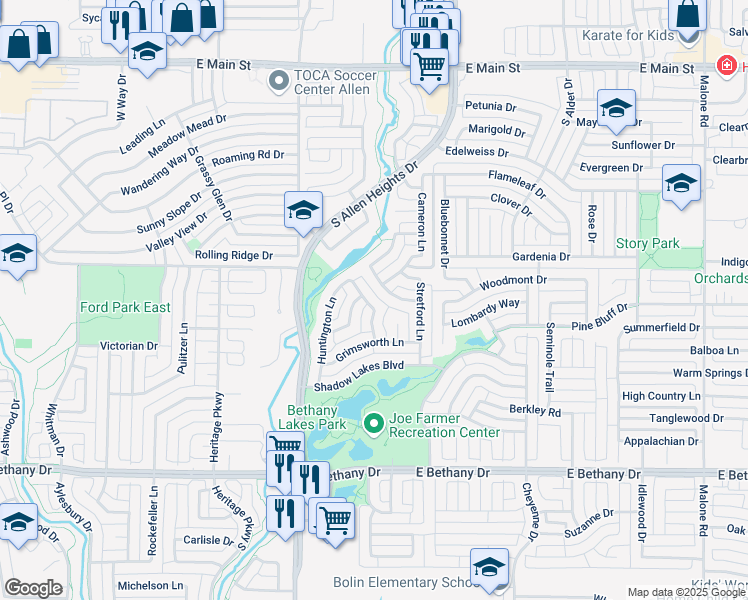 map of restaurants, bars, coffee shops, grocery stores, and more near 1113 Easton Lane in Allen