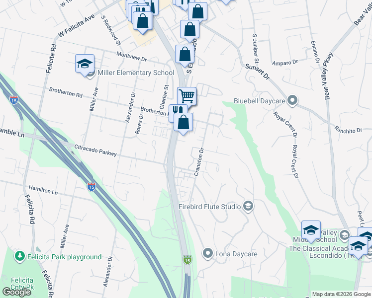 map of restaurants, bars, coffee shops, grocery stores, and more near 2414 South Escondido Boulevard in Escondido