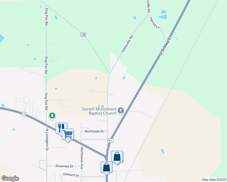 map of restaurants, bars, coffee shops, grocery stores, and more near Bowling Green Road in Durant