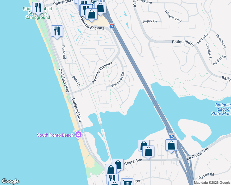 map of restaurants, bars, coffee shops, grocery stores, and more near 7583 Navigator Circle in Carlsbad