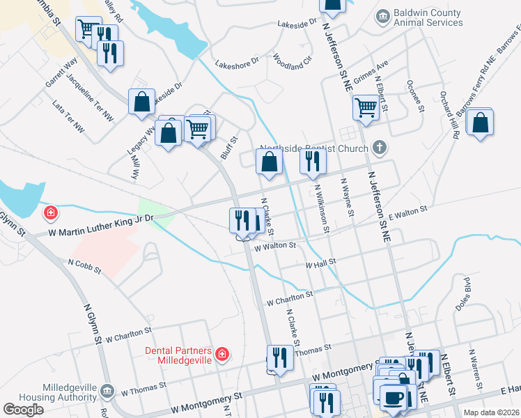 map of restaurants, bars, coffee shops, grocery stores, and more near 905 North Clarke Street in Milledgeville