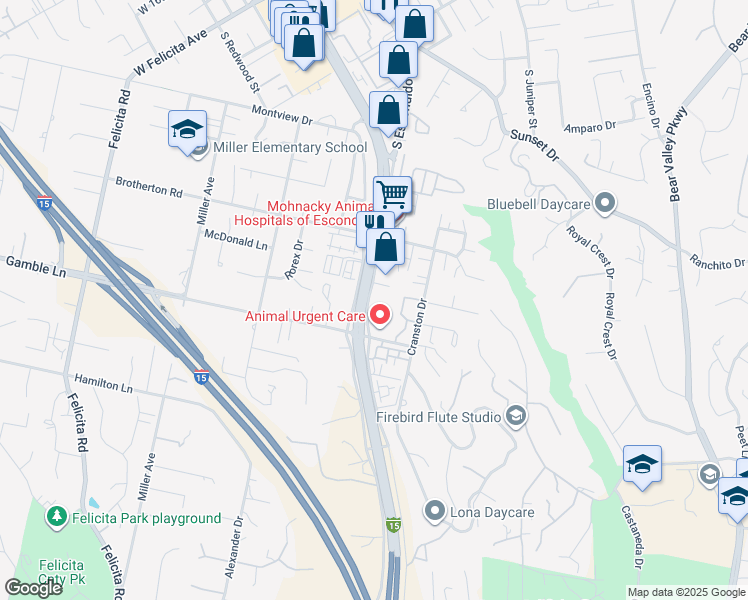 map of restaurants, bars, coffee shops, grocery stores, and more near 2414 South Escondido Boulevard in Escondido